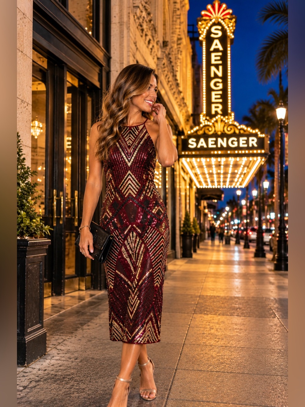 Bisou Bisou Burgundy Gold Sequin Geometric Halter Midi Dress NWT Size 8 $86